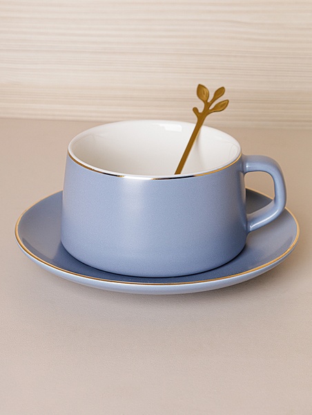 Чашка с блюдцем и ложкой "Glamor" цвет серо-голубой ЦБ-00224655 SKT000920650 фото