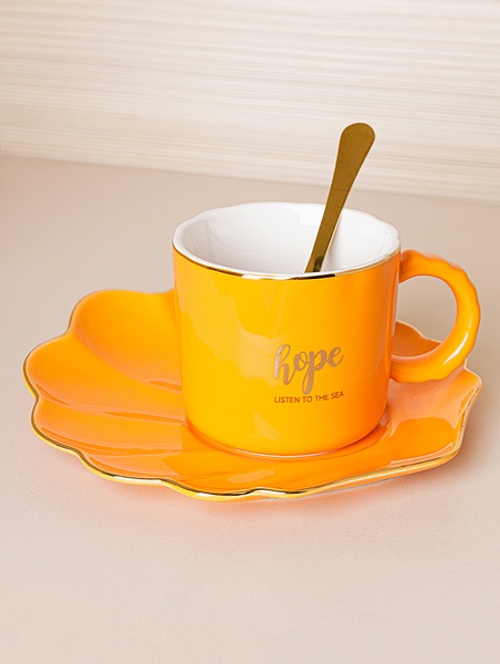 Чашка з блюдцем та ложкою "Leaf" колір помаранчевий ЦБ-00224679 SKT000920688 фото