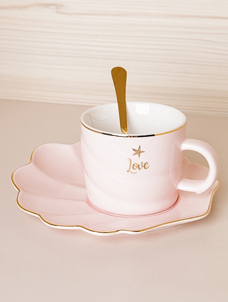 Чашка с блюдцем и ложкой "Leaf" цвет розовый ЦБ-00224680 SKT000920689 фото