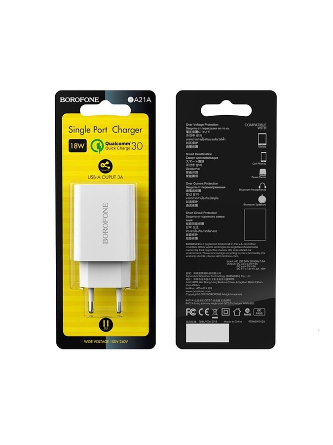 Сетевое зарядное устройство для Borofone BA21A USB QC цвет белый ЦБ-00218828 SKT000905459 фото