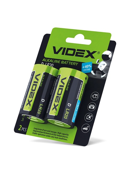Батарейка Videx лужна LR2O/D 2pcs BLISTER CARD, Ціна за 1 шт колір різнокольоровий ЦБ-00220362 SKT000909451 фото