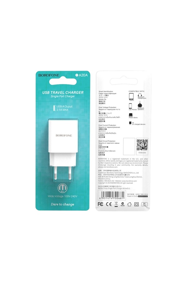 Зарядное устройство для Borofone BA20A 1 USB 21A цвет белый ЦБ-00204685 SKT000876747 фото