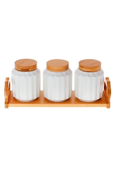 Набір банок для сипучих продуктів на бамбуковій підставці Naturel колір білий ЦБ-00235742 SKT000946745 фото
