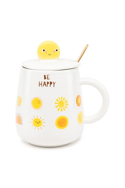 Чашка з кришкою та ложкою "Be happy" колір білий ЦБ-00235268 SKT000945685 фото