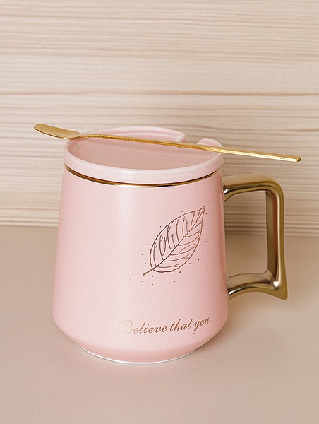 Чашка з кришкою та ложкою "Golden leaves" колір рожевий ЦБ-00223913 SKT000918607 фото
