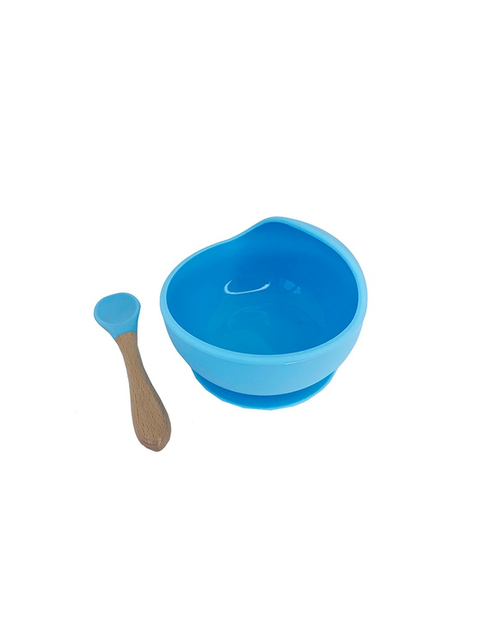 Силиконовая тарелка на присоске с деревянной ложкой цвет голубой ЦБ-00227995 SKT000928087 фото