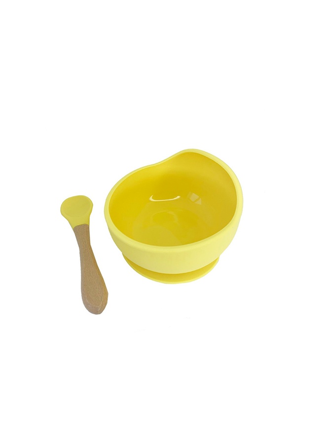 Силиконовая тарелка на присоске с деревянной ложкой цвет желтый ЦБ-00227996 SKT000928088 фото