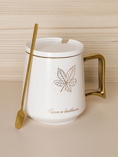 Чашка з кришкою та ложкою "Golden leaves колір білий ЦБ-00224636 SKT000920620 фото