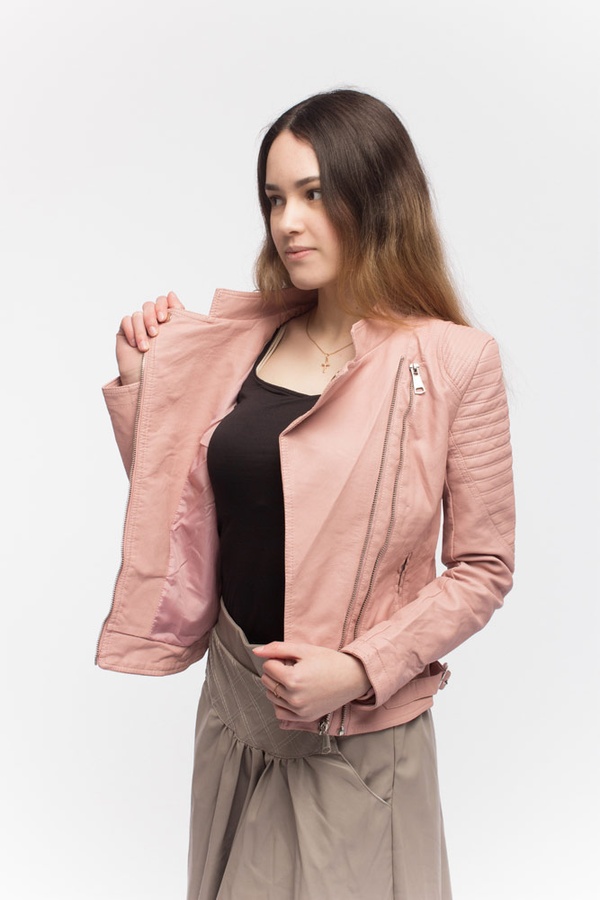 Куртка коротка жіноча з еко-шкіри 52 колір пудровий ЦБ-00153551 SKT000524152 фото