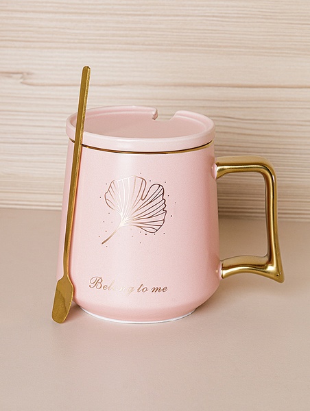 Чашка з кришкою та ложкою "Golden leaves" колір рожевий ЦБ-00224648 SKT000920638 фото