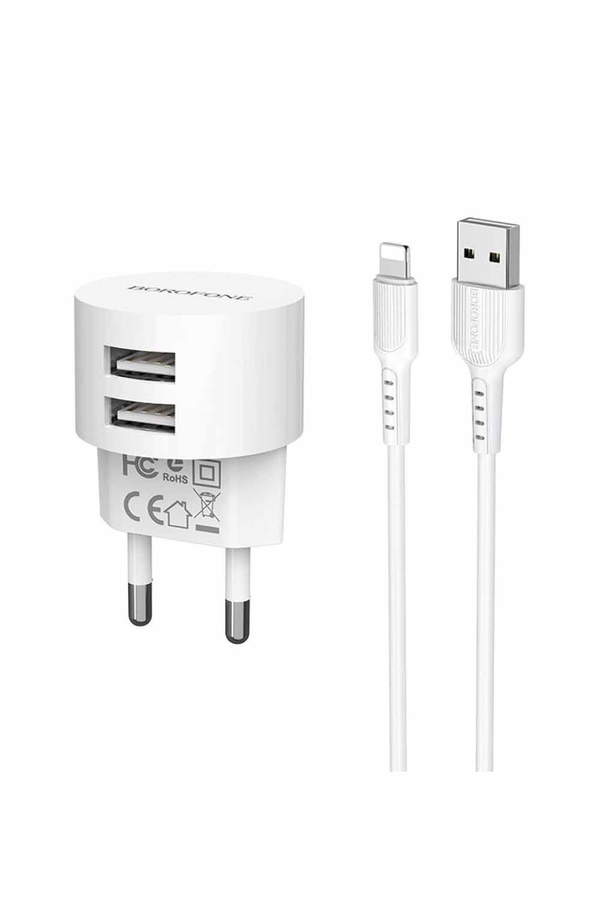 Мережевий зарядний пристрій Borofone BA23A 2 USB 2.4A Lightning колір білий ЦБ-00196955 SKT000860246 фото
