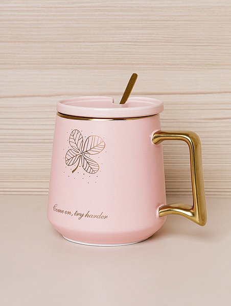 Чашка с крышкой и ложкой "Golden leaves" цвет розовый ЦБ-00224649 SKT000920639 фото
