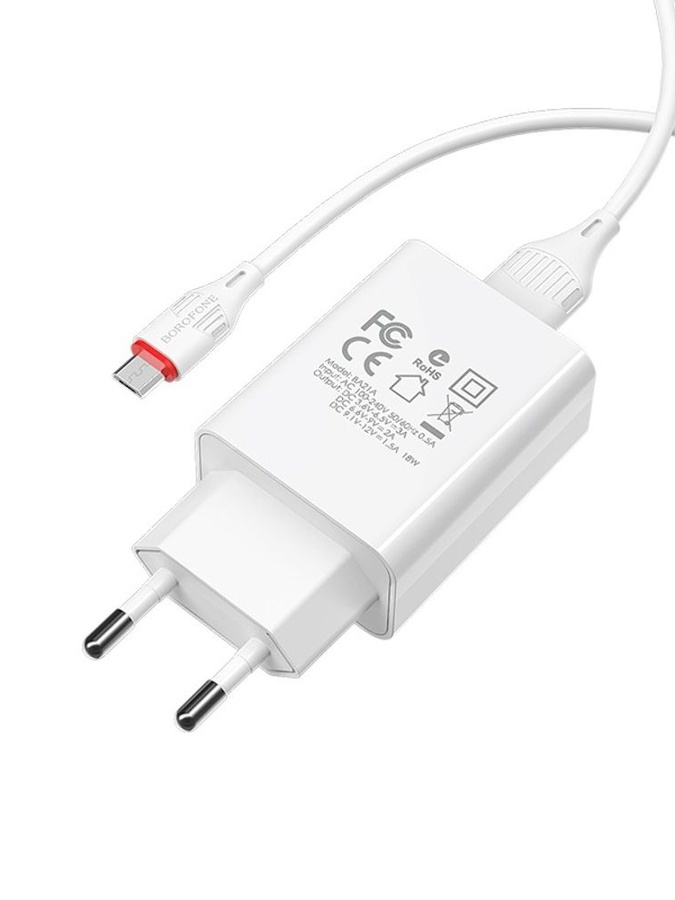 Мережевий зарядний пристрій Borofone BA21A USB QC білий + кабель USB to MicroUSB колір білий ЦБ-00220485 SKT000909905 фото