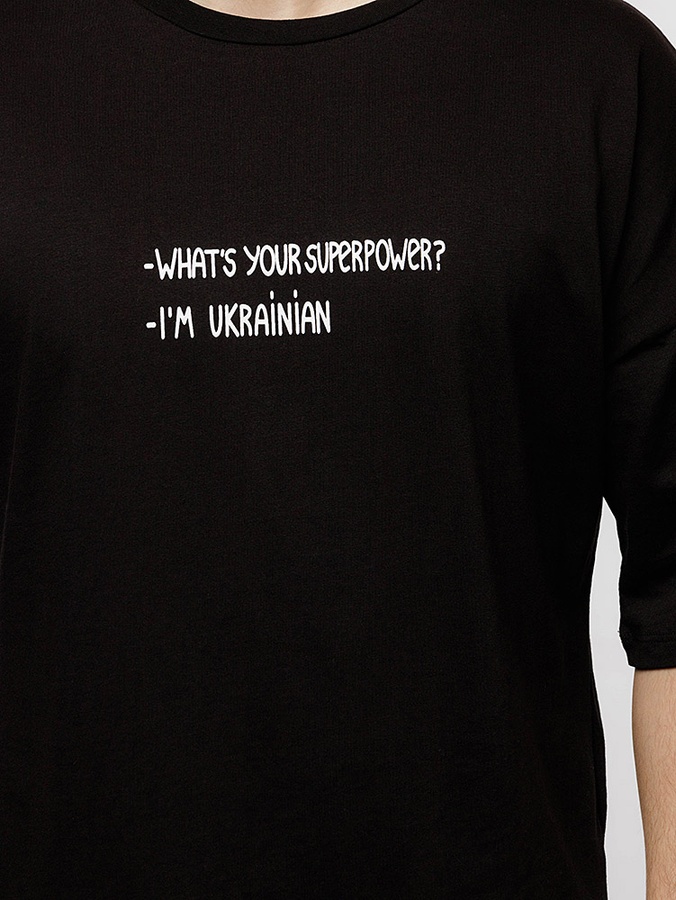 Чоловіча футболка оверсайз "what's your superpower" 52 колір чорний ЦБ-00216579 SKT000900942 фото